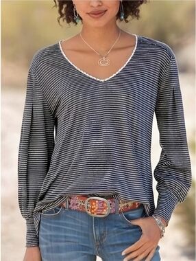 Sundance Linen Striped Gray White Crochet Trim Top,  S